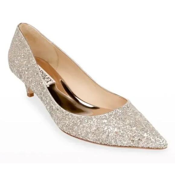 Badgley Mischka Madison II Champagne Glitter Kitten Heels Pointed Toe Size 7 - Picture 1 of 11